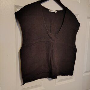 Zara Semi Crop Top Sleeveless Distressed Frayed Hemline T-Shirt Tee Brown